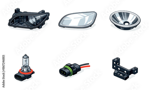 Collection of car headlight components and connectors on dark background