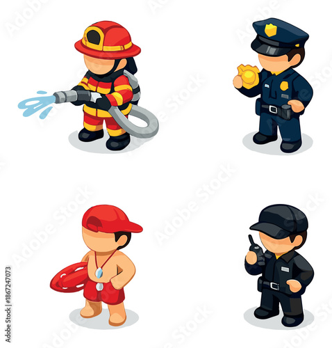 Cartoon characters: firefighter, police officer, lifeguard, and guard in uniform