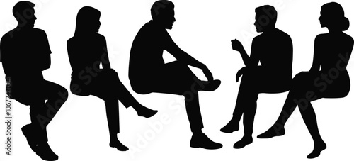 People sitting and talking silhouette illustration, group discussion concept, social interaction teamwork, men and women profiles, black white vector art