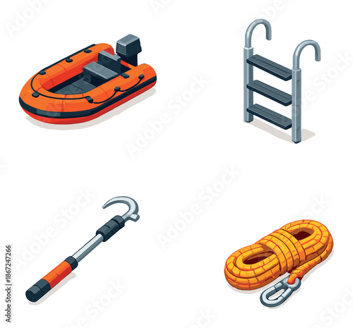 Set of marine equipment icons: life raft, ladder, boat hook, coiled rope with hook