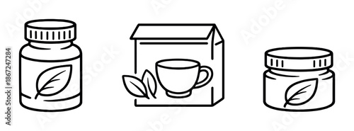 Minimalist icons of herbal supplement bottle, tea package, and jar with leaf symbols