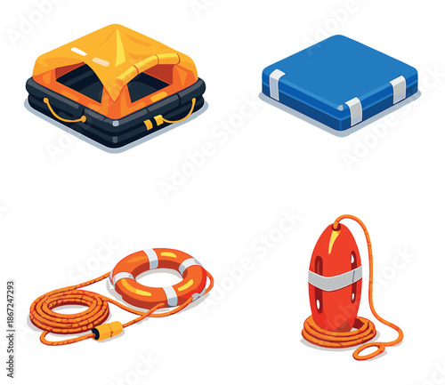 Lifeboat and safety equipment: raft, container, lifebuoy, buoy