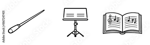 Conductor batons stand and open sheet music in black and white