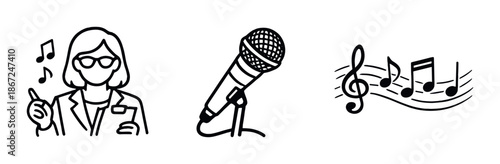 Music performance icons on black background with microphone and musical notes