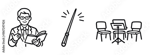 Music conductor leading orchestra with baton and empty chairs