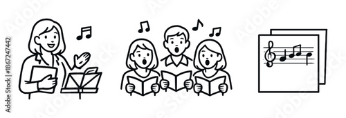 Children singing in choir with music teacher and sheet music on dark background