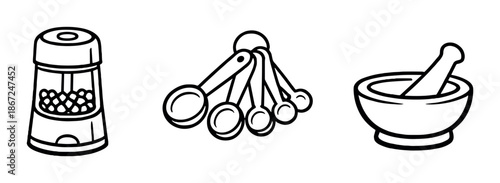 Kitchen tools: pepper grinder, measuring spoons, mortar and pestle icons on gray background