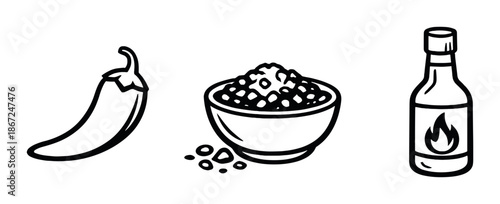 Spicy ingredients icons: pepper, seasoning bowl, sauce bottle