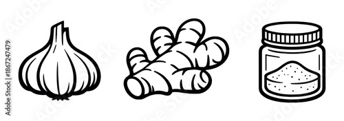 Minimalist icons of garlic, ginger root, and spice jar on gradient background