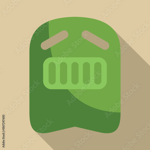 Green medieval knight helmet icon with long shadow on beige background