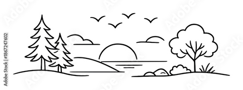 Minimalist landscape line drawing with sunset, trees, and birds silhouette