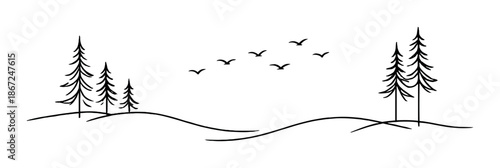 Minimalist silhouette of trees and birds in a foggy landscape