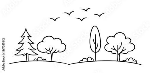 Minimalistic black and white tree landscape with birds in flight