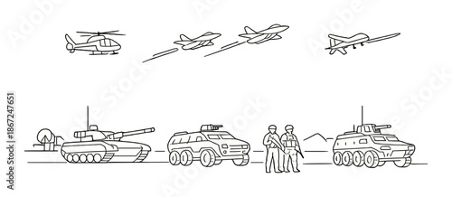 Military vehicles and personnel illustrations on gold background