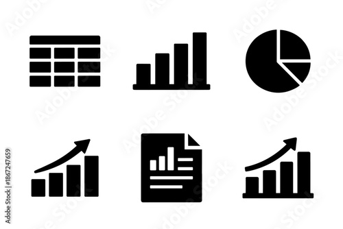 Business growth and reporting icon collection in black. Set includes rising chart, report document, upward graph and performance analysis icons