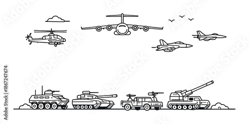 Military aircraft and vehicles in line art style on grey background