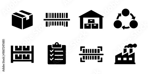Logistics and warehouse icon collection in black. Set includes package box, barcode, warehouse, process cycle, storage shelf and factory icons