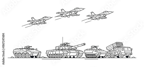 Military vehicles and fighter jets showcased in dramatic black and white silhouette scene