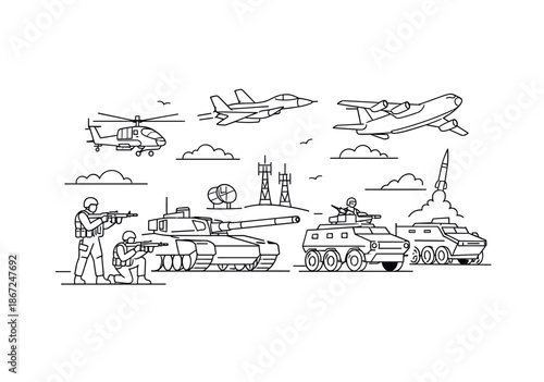 Military vehicles and soldiers in battle scene outline drawing