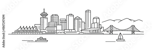 Monochrome vancouver skyline: cityscape with tower, buildings, and bridges
