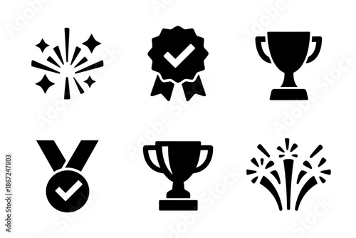 Achievement and award icon collection in black. Set includes celebration sparkles, quality badge, trophy cup, medal, winner cup and fireworks icons