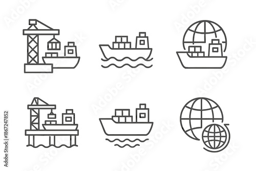 Line art icons of cargo ships and cranes in maritime transport set