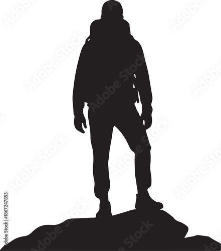 Black Silhouette of Hiker with Backpack Standing on Rock Vector Graphic