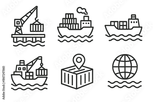Outline icons of cargo ships, cranes, and global shipping logistics