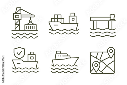 Icon set of maritime logistics: cargo ships, dock, and map symbols