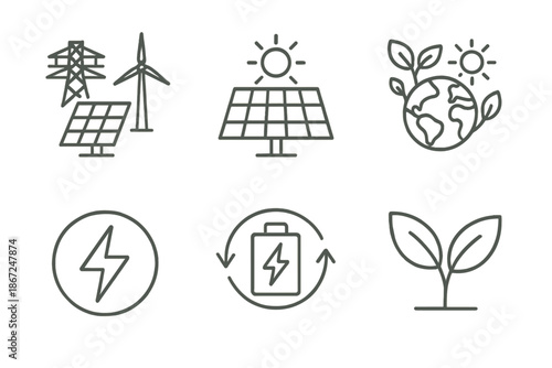 Renewable energy icons featuring solar panels, wind turbine, and eco-friendly symbols