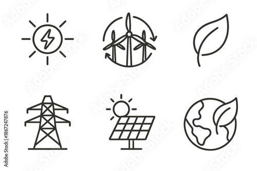 Renewable energy icons: solar, wind, leaf, power lines, earth
