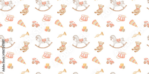 Seamless pattern with vintage teddy bear, horse on white background, hand drawn watercolour illustrations for nursery or textile