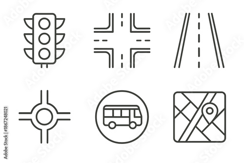 Transportation icons set: traffic light, roads, map, and bus symbol