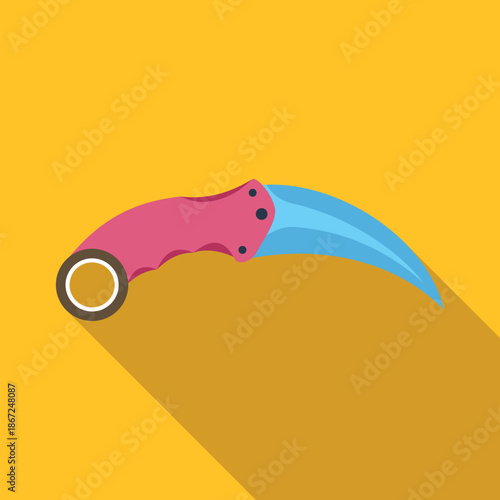 Karambit knife with a curved blade and a pink handle on a yellow background