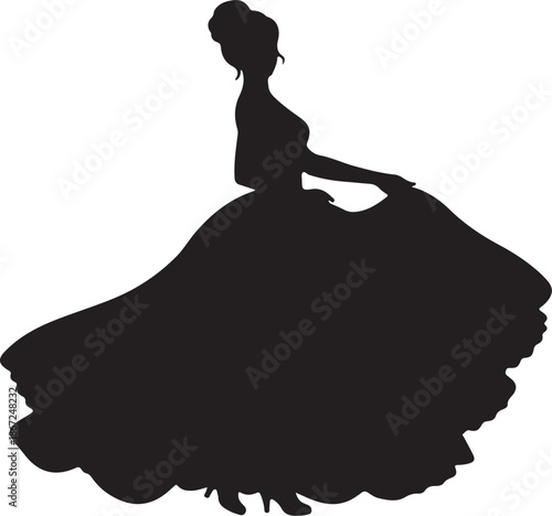 Elegant Woman in Flowing Ball Gown Silhouette Dancing isolated on White
