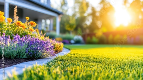 Wallpaper Mural Garden Oasis in Morning: A picturesque home garden flourishes with vibrant flora and manicured lawn bathed in the soft glow of morning sunlight, exuding tranquility. Torontodigital.ca