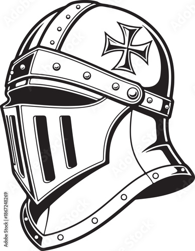 Medieval Knight Armor Helmet Icon Illustration with Crusader Cross Symbol