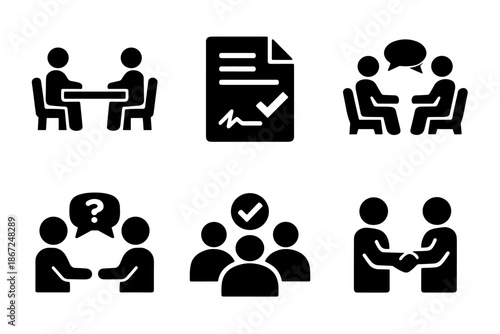 Teamwork and decision icon collection in black. Set includes meeting, discussion, agreement, group approval and negotiation icons