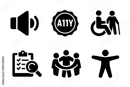 Accessibility inclusion icon collection in black. Set includes sound, accessibility badge, wheelchair assistance, audit search, community group, universal person