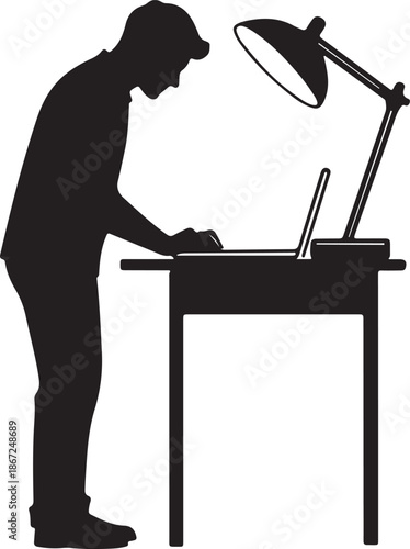 Working Late: Man Standing Hunching Over Laptop at Desk Silhouette Icon