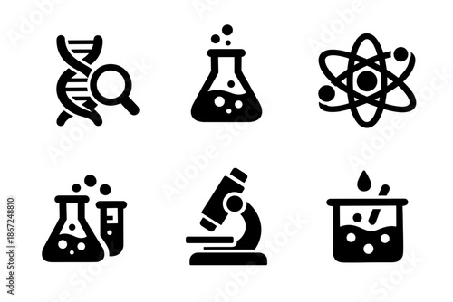 Science research icon collection in black. Set of dna analysis, laboratory flask, atom, chemistry glassware, microscope and experiment icons