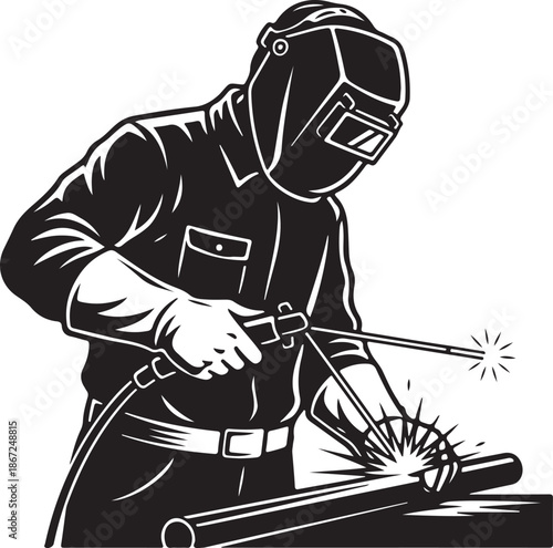 Welder Working on Metal Pipe Black and White Retro Vector Illustration