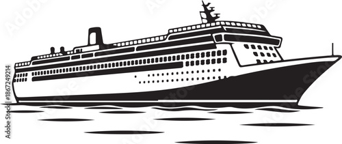 Black and White Cruise Ship Ocean Liner Vector Illustration on Water