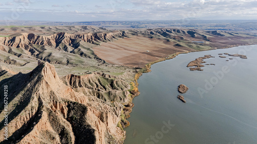 Canvas-taulu Drone aerial view Toledo Barrancas de Burujón lake relief contrast sunny tourism