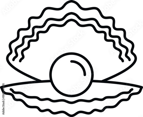 Pearl appearing from an oyster shell line art icon