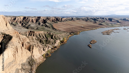 High resolution aerial drone image Toledo Burujón cliffs lake textures sunny day outdoor