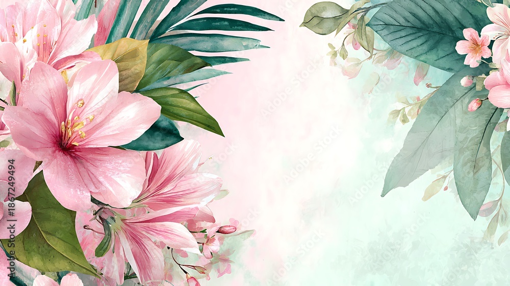 Fototapeta premium Soft Pink Flowers and Green Leaves Watercolor Border floral Photo
