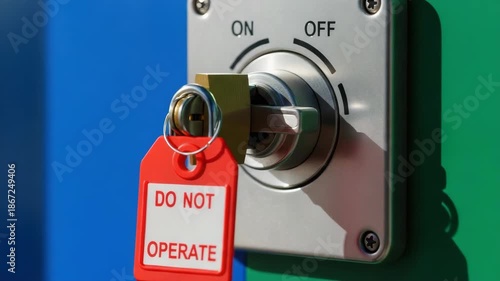 Lockout-tagout safety procedure with a padlock on an industrial switch. A red 