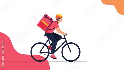A modern flat design illustration of a food delivery courier wearing a helmet and riding a bicycle with a large delivery bag.