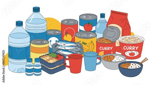 An illustration of a well-stocked collection of emergency food supplies, including canned goods, bottled water, and instant meals for disasters.